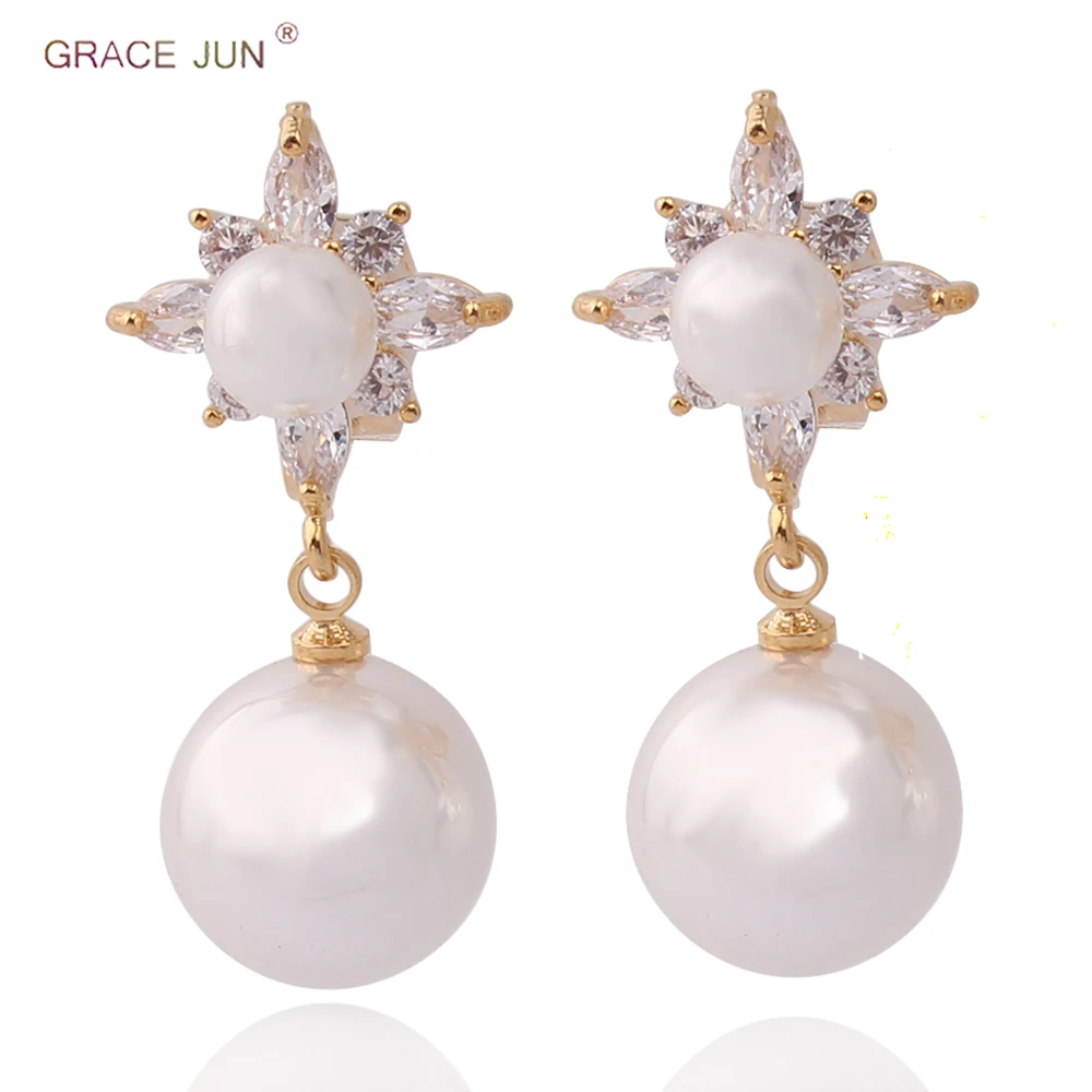 GRACE JUN New Arriva Pearl  Cubic Zircon Clip on Earrings No Pierced  for Women Charm Ear Clip  Anti-allergy Factory Wholesale