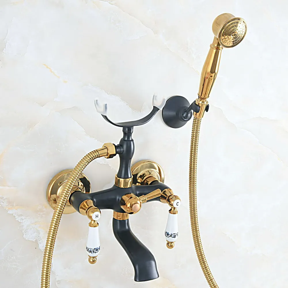 

Black Gold Bathtub Faucets Hand Rain Shower Head Tap Luxury Ceramic Telephone Wall Bath Faucet zna574