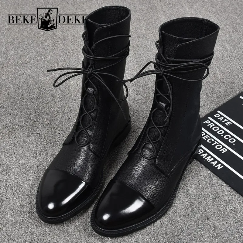 Lace Autumn Winter Designer New Up Womens Mid Calf Boots Fashion British Round Toe Black Cross Tied Female Flat Boot Streetwear