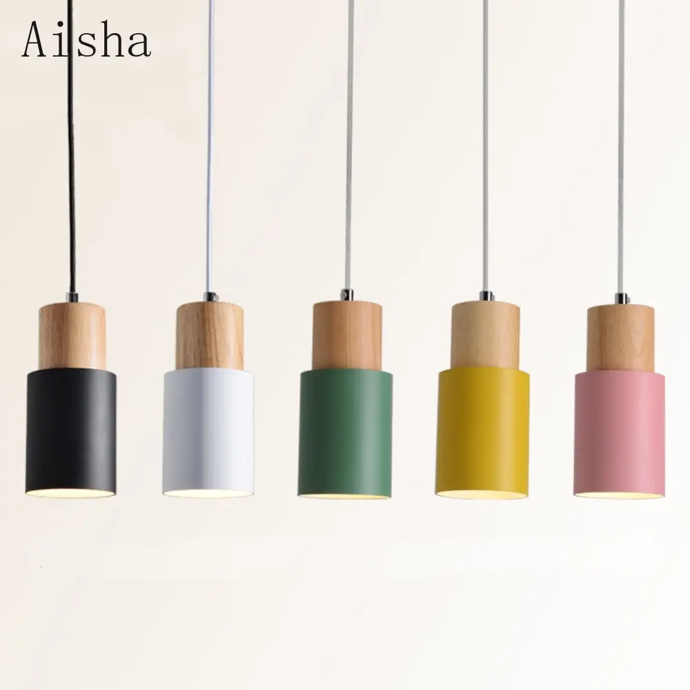 

Designer Nordic Simple Wood Pendant Lights Led Hang Lamp Colorful Aluminum Fixture Kitchen Island Bar Hotel Home Decor E27