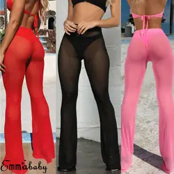 Hot Sexy Women Beach See-through Mesh High Waist Elastic Sheer Wide Leg Pants Trousers Bikini Cover Up S-XL