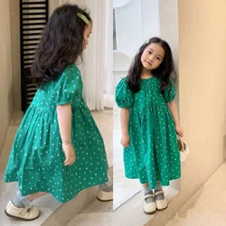 2021 Summer Girls' Dress Love Printed Beach Short Sleeve Polka Dot Casual Dress Cute Children's Baby Kids Clothing For Girls