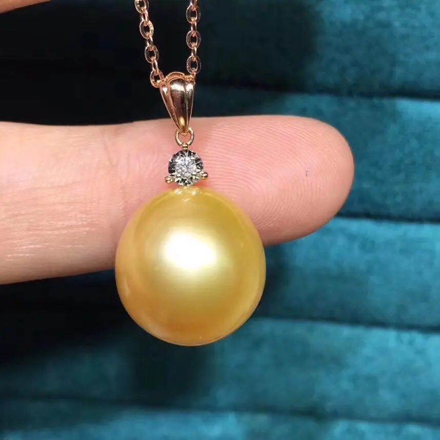 D726 Pearl Pendant Fine Jewelry Solid 18K Gold 12-13mm Nature Sea Water Golden Pearls Pendants Necklaces for Women Presents