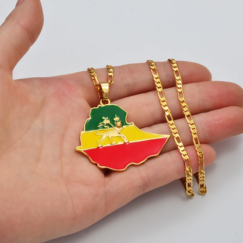 Anniyo 4.7CM Ethiopian Map Flag Pendant Necklace for Women Men Gold Color Ethiopia Jewelry Map Chains @008606