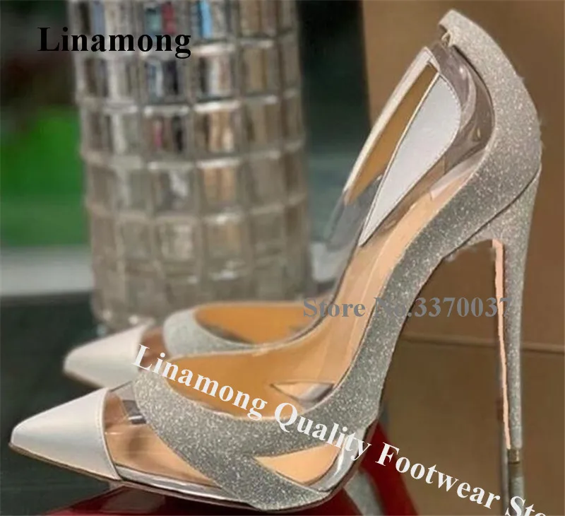 

Linamong Brand Pointed Toe Patchwork Glitters Stiletto Heel Pumps Clear PVC Slip-on High Heels Formal Wedding Heels Big Size