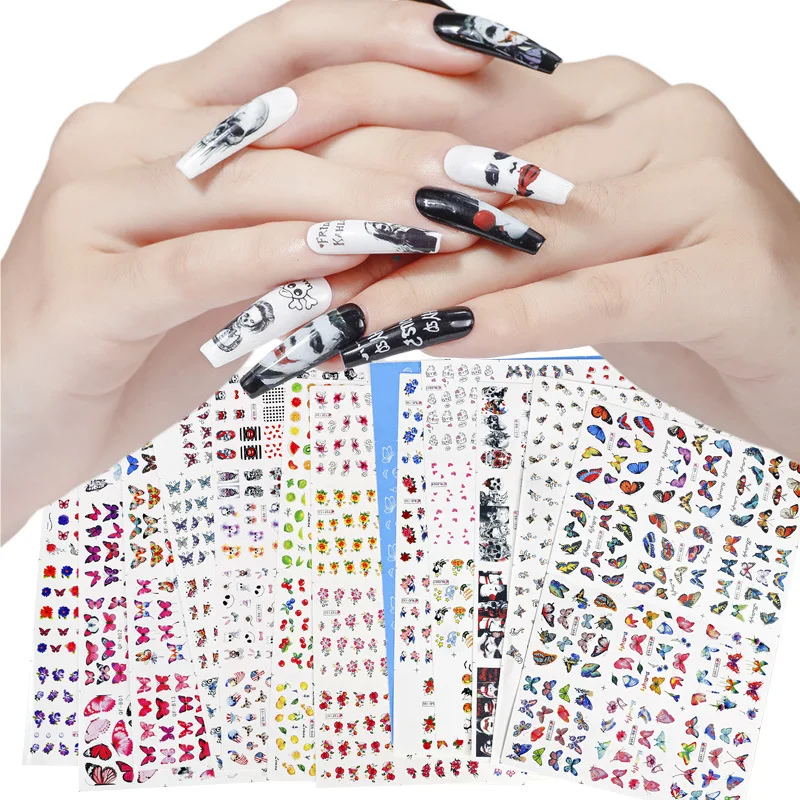 

12pcsNail Sticker Set Water Tranfer Nail Sticker Fruits Butterfly Heart Skull Halloween Designs Nail Art Tattoo Salon