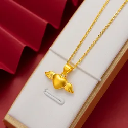 Pure 18K 999 Gold Pendant Necklace Romantic Angel Heart Design Real Gold Christmas Pendant for Women Fine Jewelry Gift