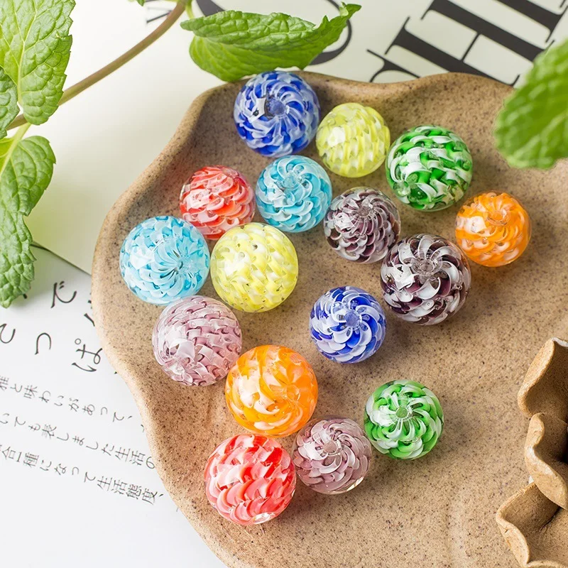 5pcs 12mm 14mm Round Ball Shape Helix Lampwork Glass Loose Crafts Beads for DIY Necklace Jewelry Making Findings