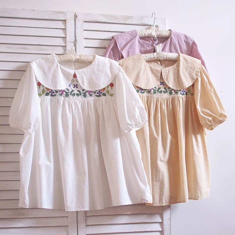 

TIYIHAILEY Free Shipping New Summer Cotton Tops Women Short Sleeve Tees White Japan Style Loose Embroidery Turn Down Collar