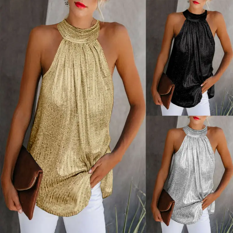 Women Gold Blouse 2024 New Fashion High Neck Sleeveless Hatler Tank Top Vest Summer Casual Loose Blouse Shirt Tee