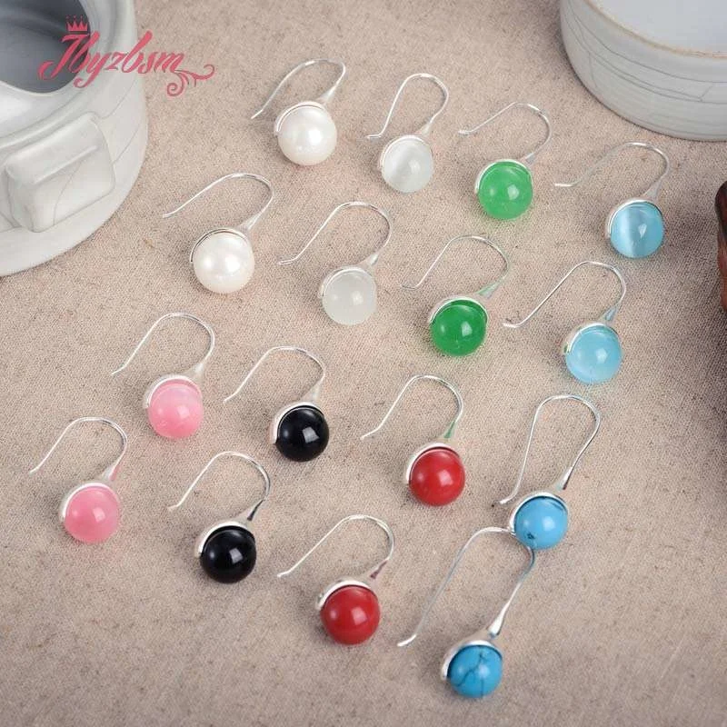 12mm Round Agates Shell Turquoises Stone Beads Fashion Jewelry Modern Drop Hanging Earrings For Woman Christmas Gift 1 Pair image 6
