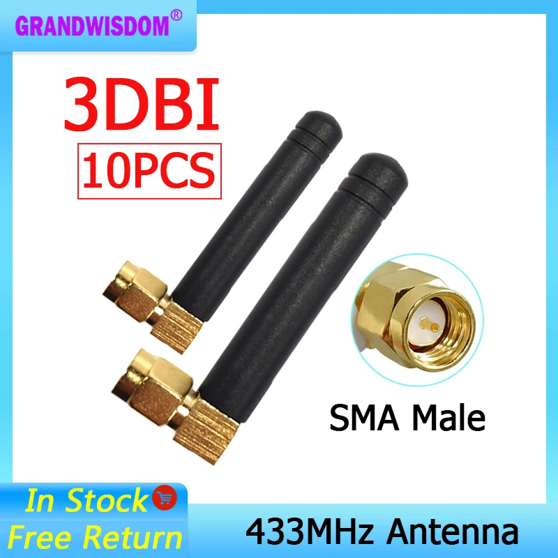 

GRANDWISDOM 10pcs 433mhz antenna 2-3dbi sma male lora antene pbx iot module lorawan signal receiver antena high gain