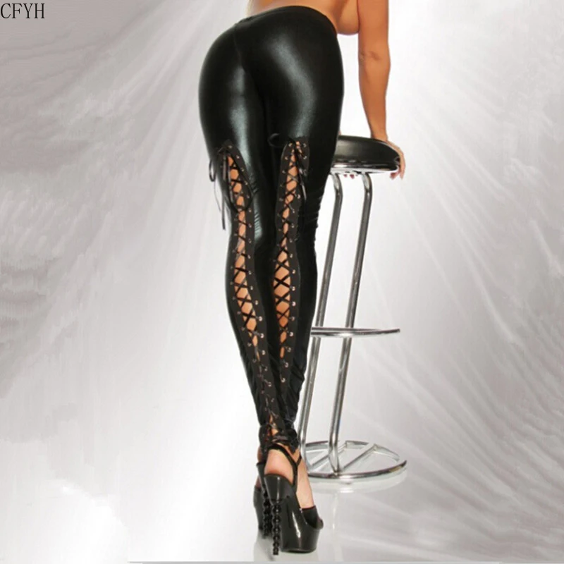 Sexy Back Bandage Skinny Leggings Latex Women Legging Pants Lace Up Black Pencil Pants Faux Leather Gothic Punk Clubwear