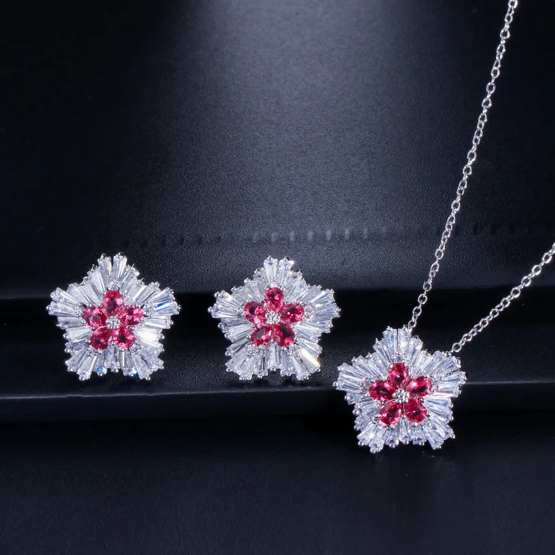 CWWZircons Marken-Damenmode Zirkonia Schneeflocken-Anhänger Halskette Ohrring-Sets für Frauen Party Geschenk Schmuck Großhandel T0037 – Detail 10