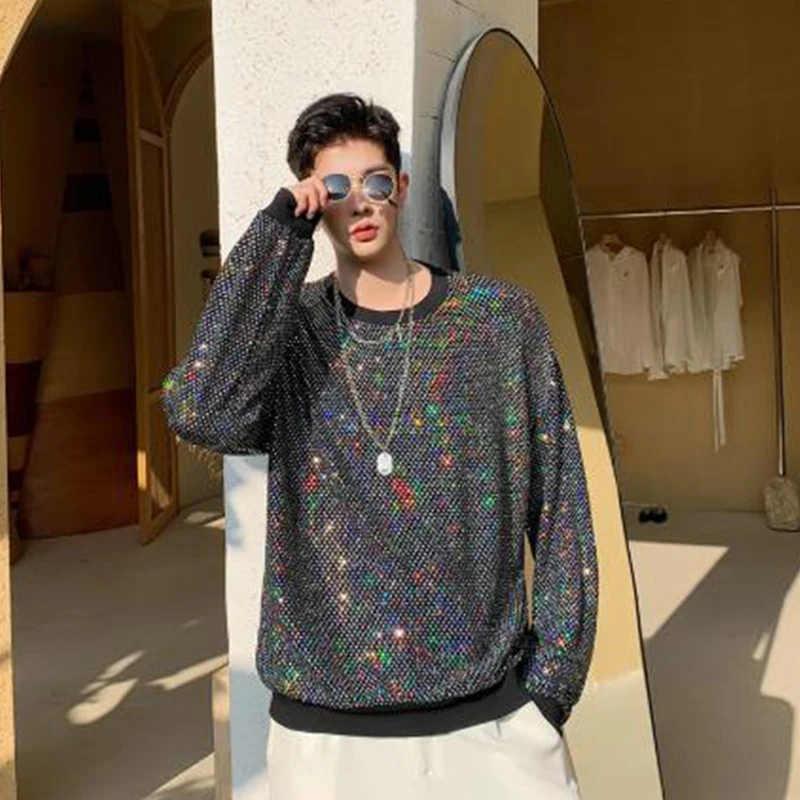 Men Women Couple Reflective Sequins Pullover Sweatshirt Male Nightclub Stage Show Hoodie Tees Shirts Lovers Clothes