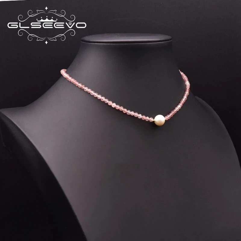 Glseevo Natural Pearl Pink Strawberry Crystal Set Necklace Woman Wedding Engagement Fashion Exquisite Jewelry Gift GN0286B