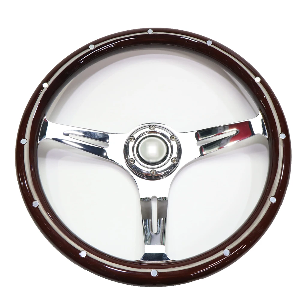 

Universal 15 inch car steering wheel classic solid wood silver spokes modified racing steering with base adapter quick release