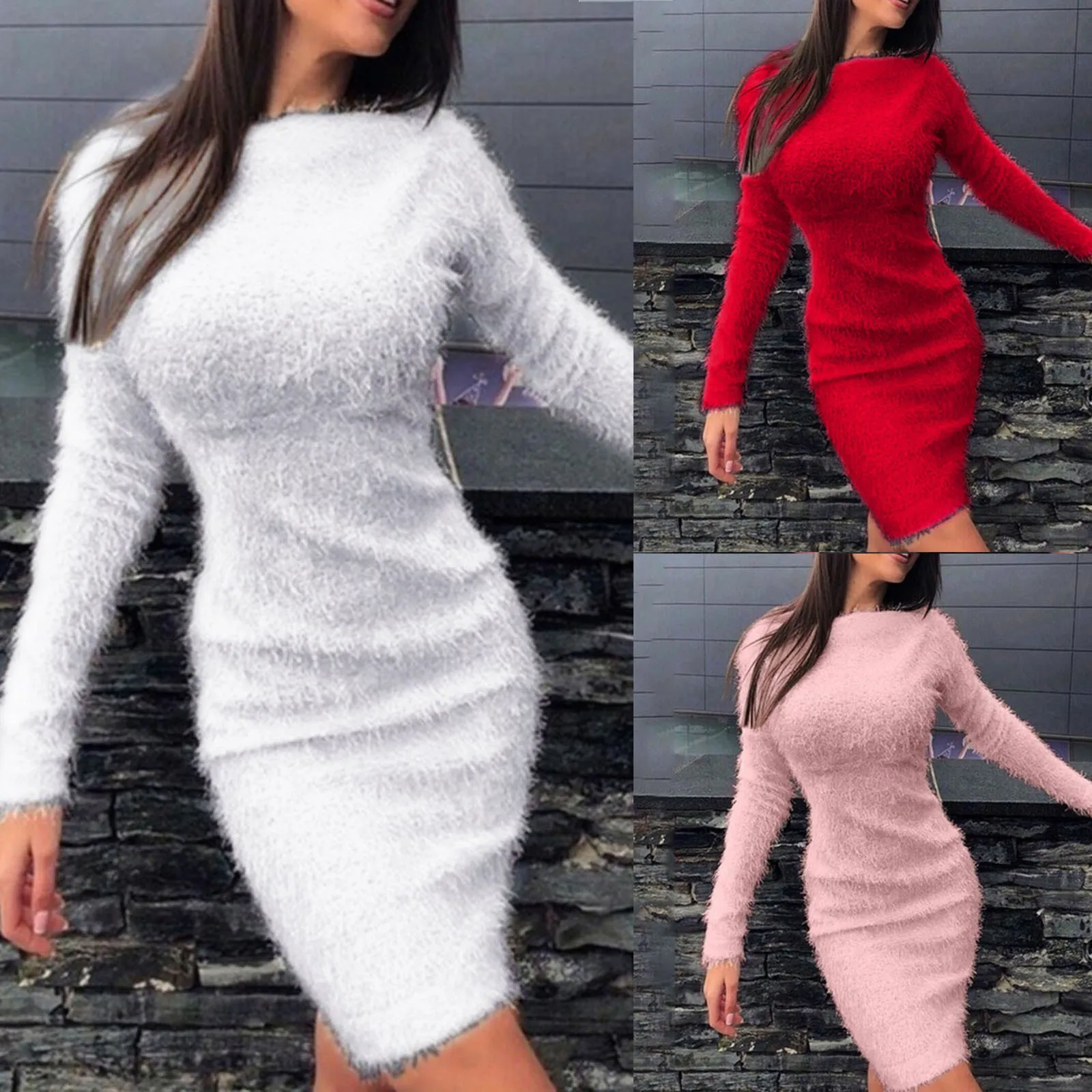 Fashion Plush Knitted Short Dress Casual Autumn Winter Long Sleeve Soft Sweater Evening Party Dress Women Holiday Bodycon Dress