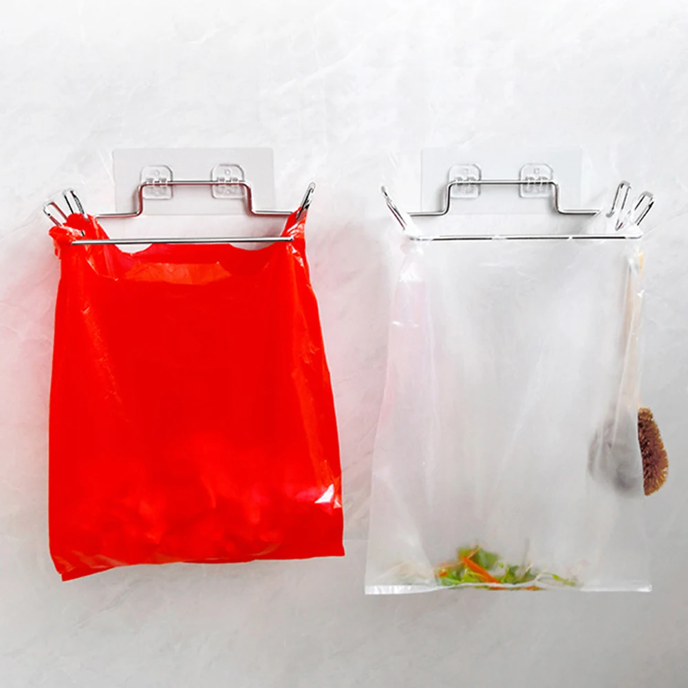 Kitchen Trash Rack Cabinet Door Garbage Bags Holder Stainless Steel Closet Garbage Storage Holder Kitchen Storage Supplies