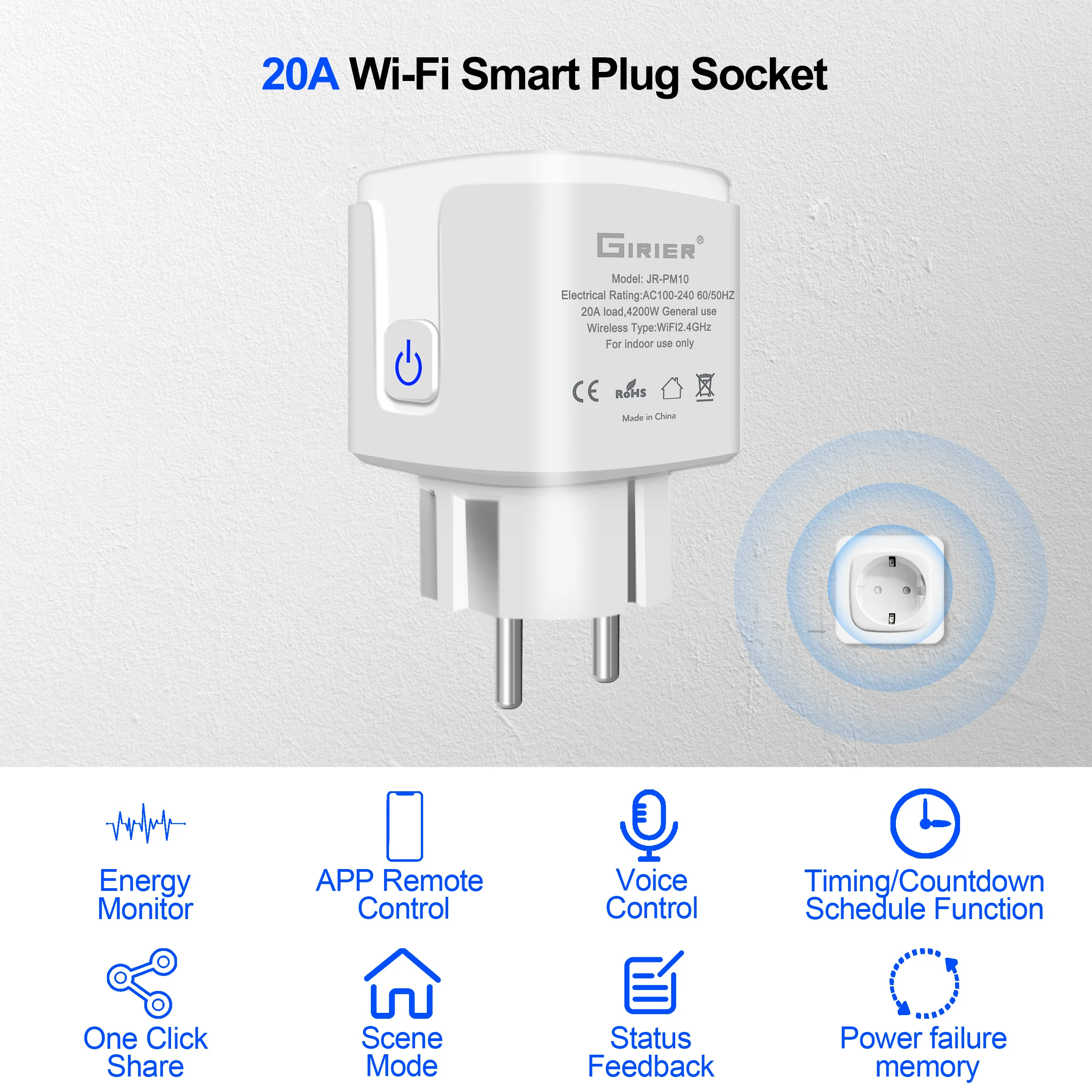 GIRIER Tuya Smart Wifi Plug 20A Remote Control Smart Socket Outlet EU Power Monitor Timer Function Works with Alexa Google Home