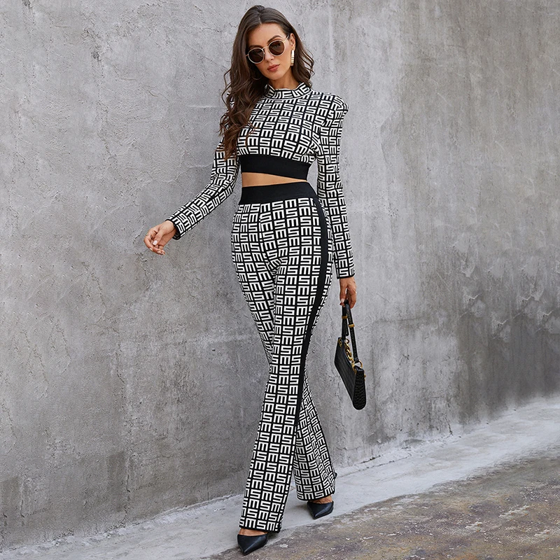 Winter New Female Set Knitted Two-piece Suit Round Neck Long-Sleeved Letter Jacquard Trousers Stretch Bodycon Bandage Set Wome