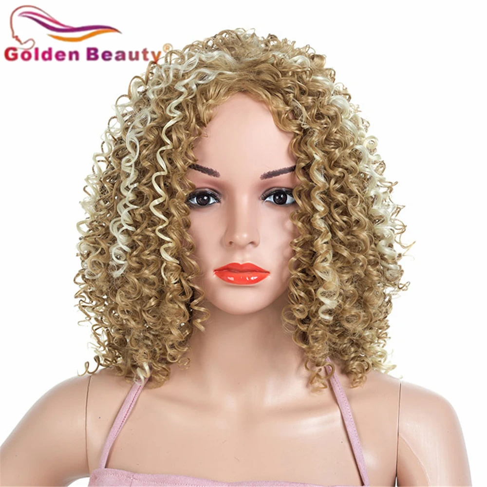 

Golden Beauty 20inch Synthetic Short Hair Wig High Temperature Fiber Afro Kinky Curly Ombre Mix Blonde And Brown For White Women