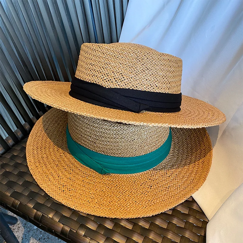 New Summer Women's Boater Beach Hat Wide Side Female Casual Panama Hat Lady Classic Flat Bowknot Straw Sun Hat Women Fedora