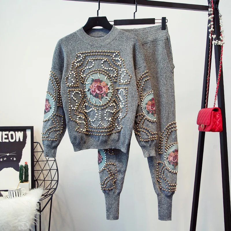 Autumn Winter New Fashion Tracksuit Women 2 piece set Beaded Embroidery Long Sleeve Sweater Casual Long Pants Female Knitted Set