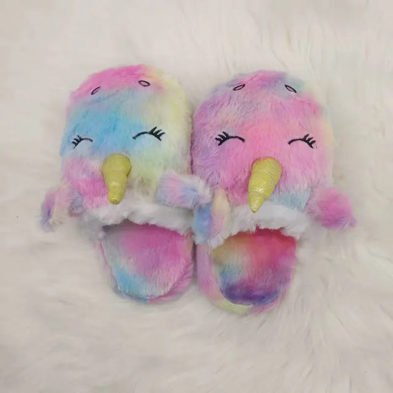 Women Cartoon Unicorn Winter Home Slippers Cute Plush Fluffy House Slides Girls Furry Flip Flop Fur Slides Cotton Indoor Shoes