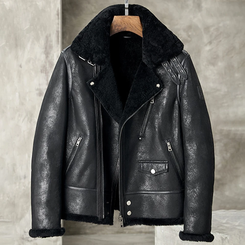 Men's Shearling Jacket B3 Bomber Jacket Men Genuine Leather Coat Black