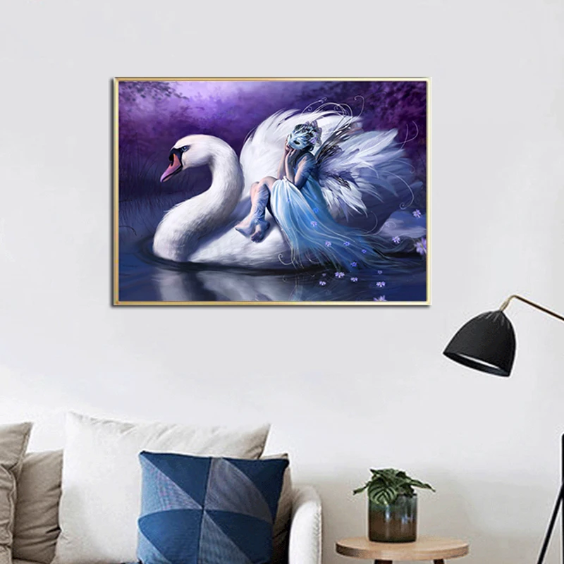 Modern Posters and Prints Angel Women and White Swan Print Oil Painting Canvas Wall Art Pictures for Living Room Home Decor
