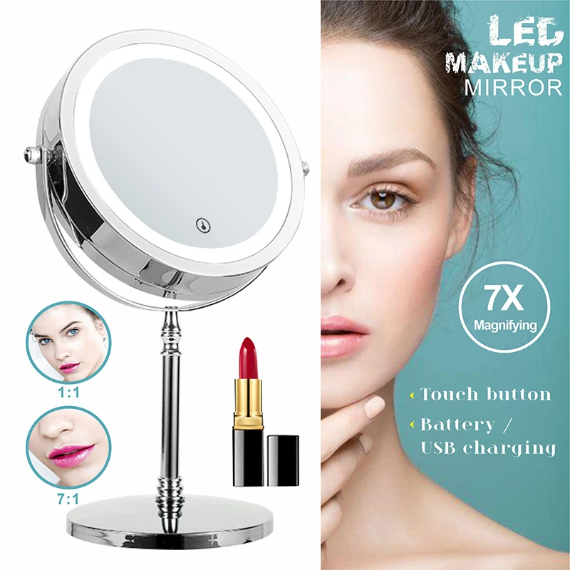 

7" Led Makeup 7XMagnifying Cosmetic Mirror with 3 Color Light Touch Dimmer Switch Double Side USB Charging Desktop Vanity Mirror