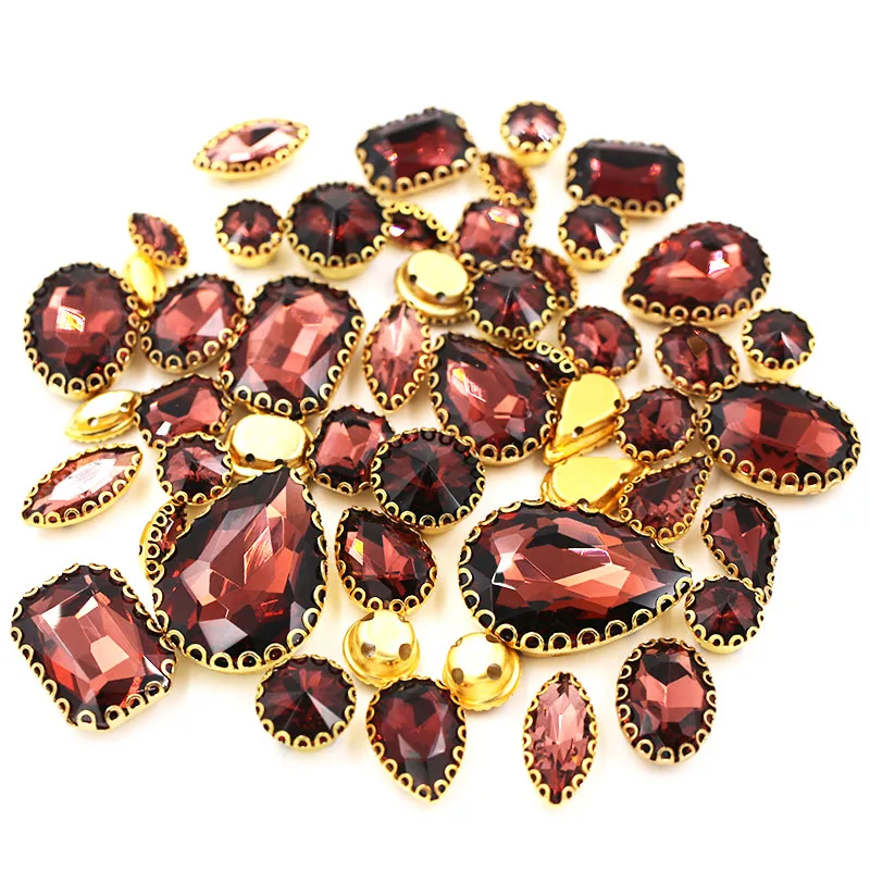 Wedding Decoration 50pcs/bag Mixed shape Wine red Diy Trim Crystal Stone Gold Lace Claw Rhinestone Sew on Clothes/Shoe/Dress