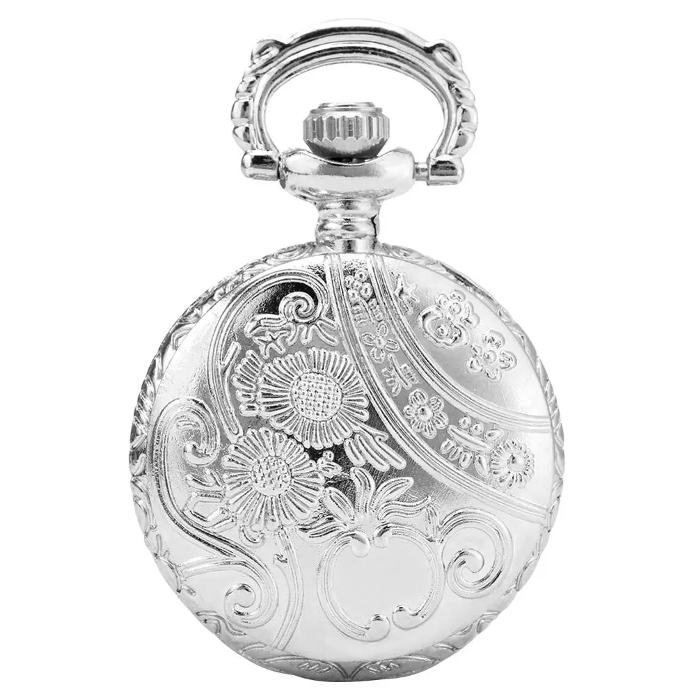 Little Small Cute Exquisite Silver Hollow Flowers Quartz Pocket Watch Necklace Pendant Jewelry Watch with 80cm Sweater Chain