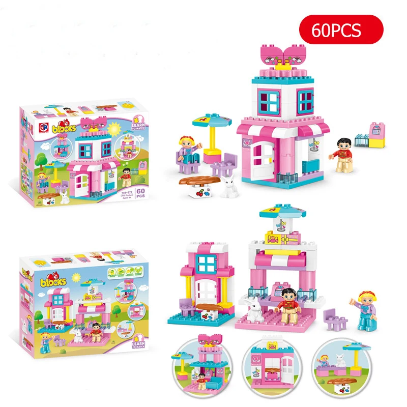 60Pcs Duploed Classic Princess Dream Pink Girls Family House Building Blocks DIY City Bricks Education Toys For Children