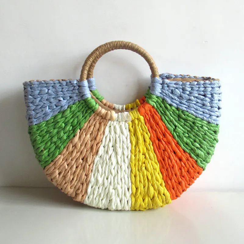 TOBO-Sac à main en paille tissé en rotin demi-rond, sacs de plage d'été colorés, sacs à main de grande capacité pour dames, sac à main de vacances fait main, nouveau