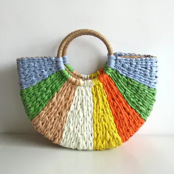 TOBO Borsa di paglia intrecciata in rattan semicircolare fatta a mano Nuove borse da spiaggia estive colorate Borse da donna di grande capacità Borsa da vacanza