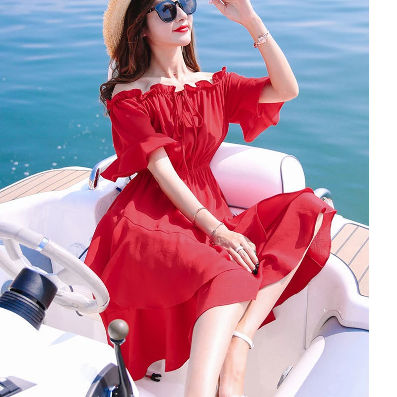 Vestido de verano de manga corta para mujer, vestido rojo de gasa con cuello de barco, falda informal para playa, estilo bohemio