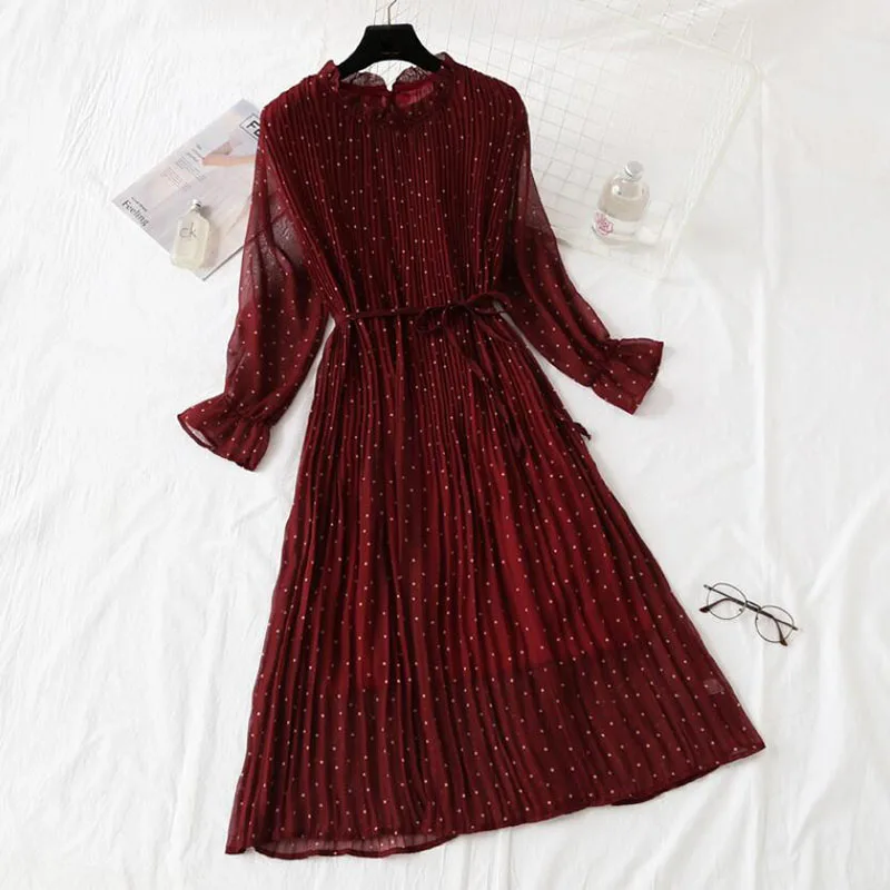 Spring Summer French Vintage Long Dress 2021 Women Elegant Long Sleeve Loose Solid color Chiffon Pleated Dresses Femme Robe