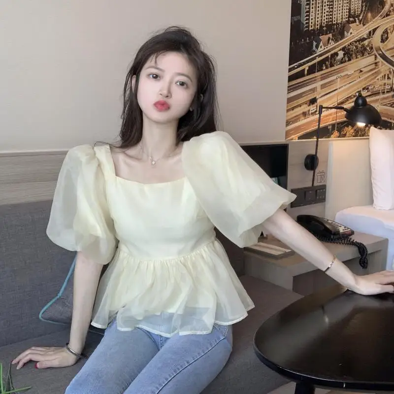 Blouse Women Summer Elegant Lovely Simple Solid Bow Fashion Daily Puff Sleeve New Chic Vintage Casual Square Collar Soft Ulzzang