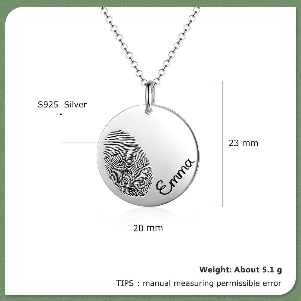 JewelOra 925 Sterling Silver Personalized Fingerprint Necklace with Engraved Name Customize Baby Handprint Pendant Memorial Gift