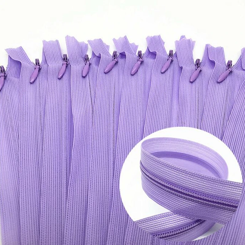 

10pcs 3# light purple 28cm/30cm/40cm/50cm/60cm nylon invisible soft tulle coil Chiffon zipper sewing Silk Zippers