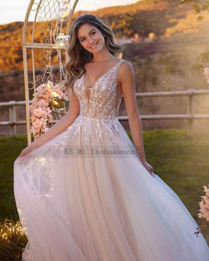 Champagne fada boho vestidos de casamento 2022 robe de mariage vestido de noiva gótico laço sem costas vestidos de casamento vintage varredura trem