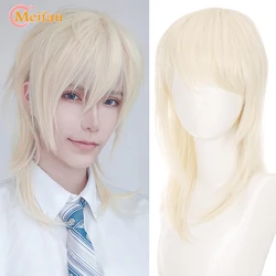 Meifan sintético curto cosplay lolita anime peruca masculina cabelo reto fibra de alta temperatura longo rabo de cavalo luz loira peruca