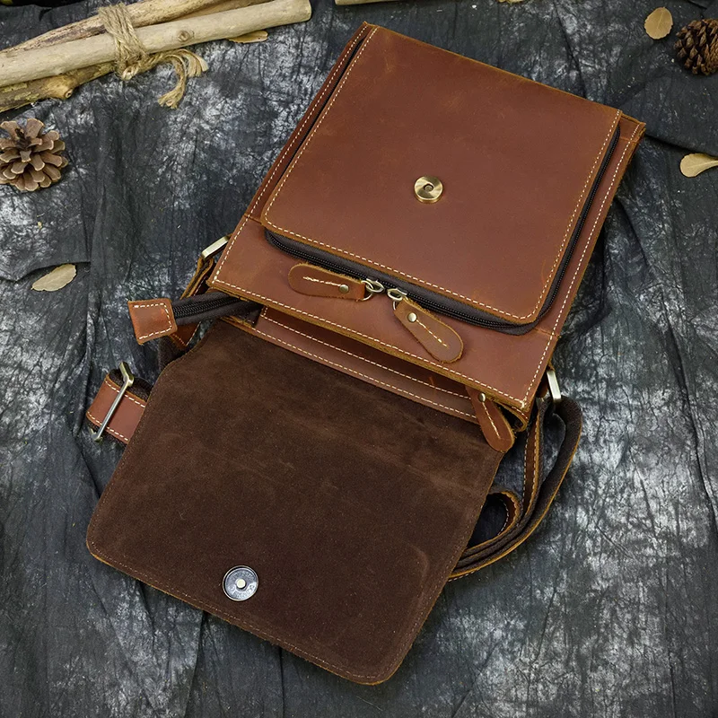 Mala de ombro de couro louca para homens, couro genuíno iPad, bolsa mensageiro vintage, bolsa de viagem casual, bolsa de couro durável