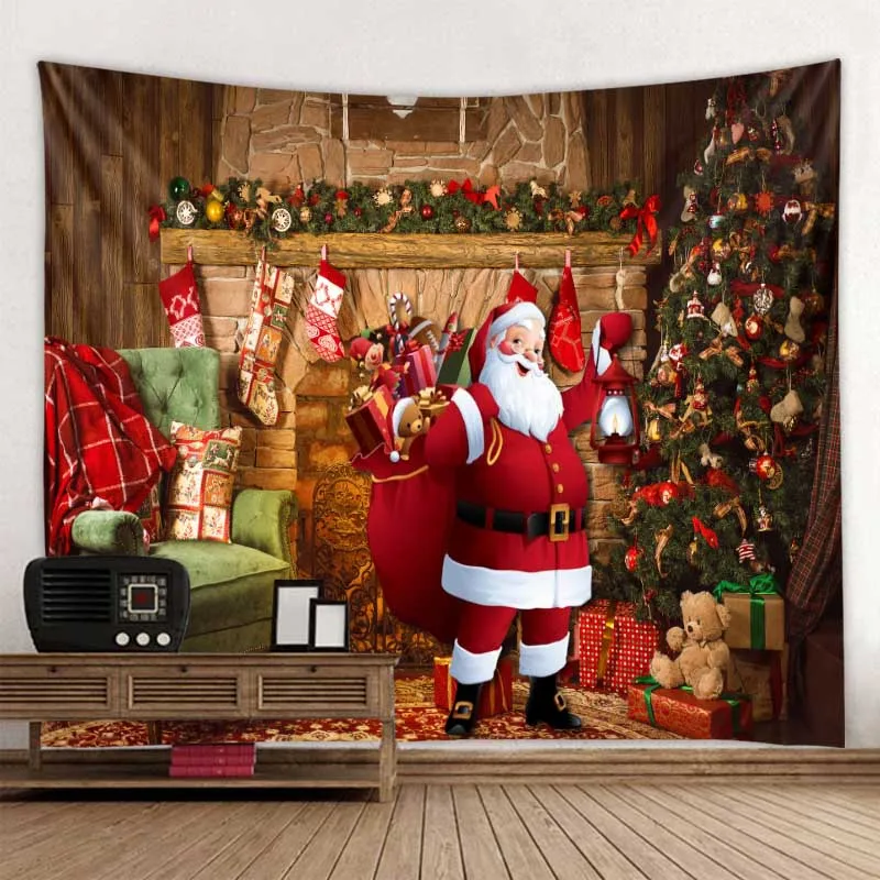 Christmas tapestry wall hanging Santa Claus Christmas tree snow scene home holiday decoration tapestry fireplace Christmas gifts