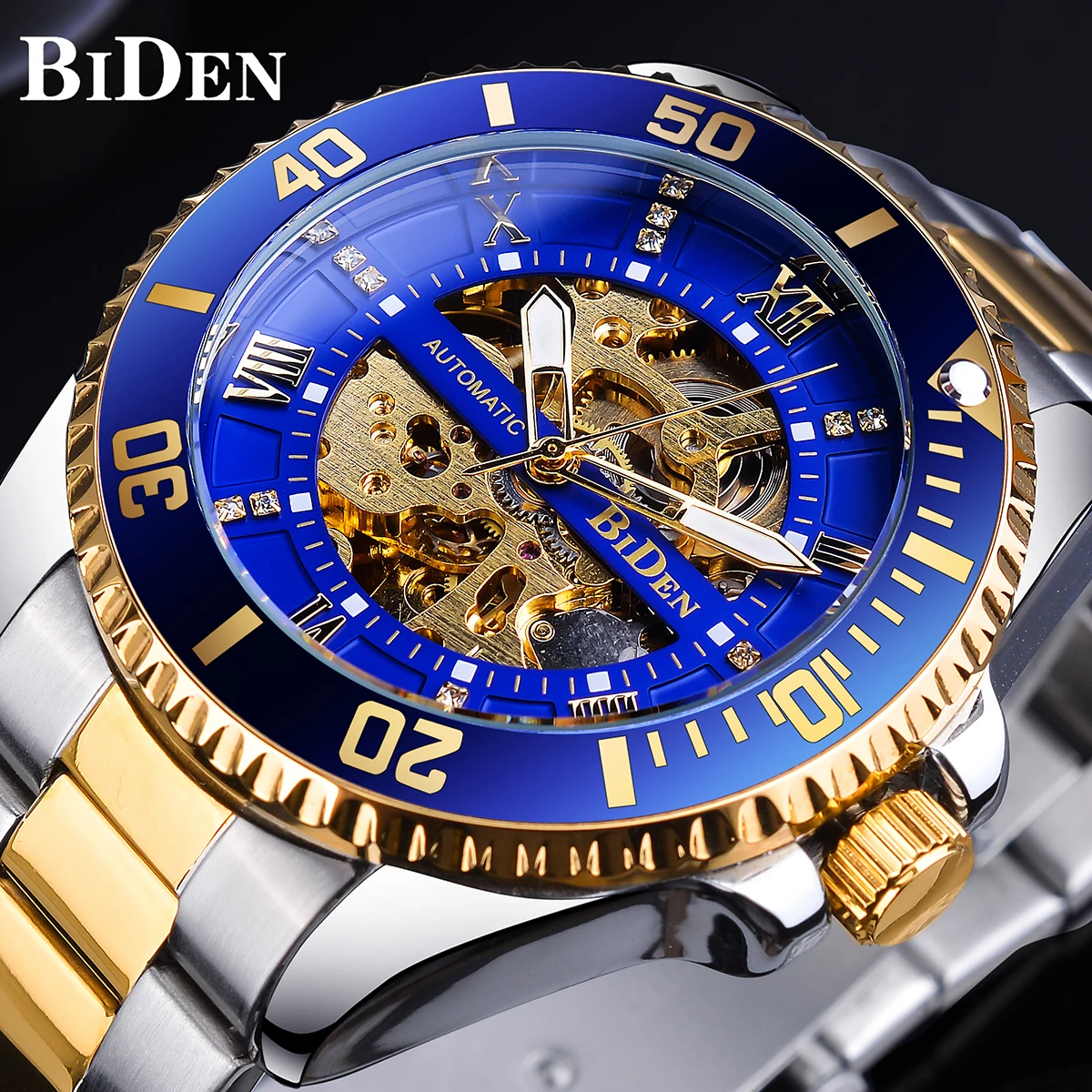 BIDEN-esqueleto Diamante Dial relógio mecânico, azul, dourado, impermeável, banda de aço inoxidável, mão luminosa, numerais romanos, automático