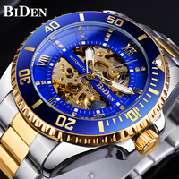 BIDEN Skeleton Diamond Dial Blue Golden Automatic Waterproof Stainless Steel Band Luminous Hand Roman Numerals Mechanical Watch