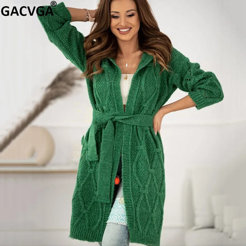 GACVGA Autumn Winter Hooded Cardigan With Belt Oversized Women Long Sleeve Casual Y2k Loose Knitted Sweater Streetwear