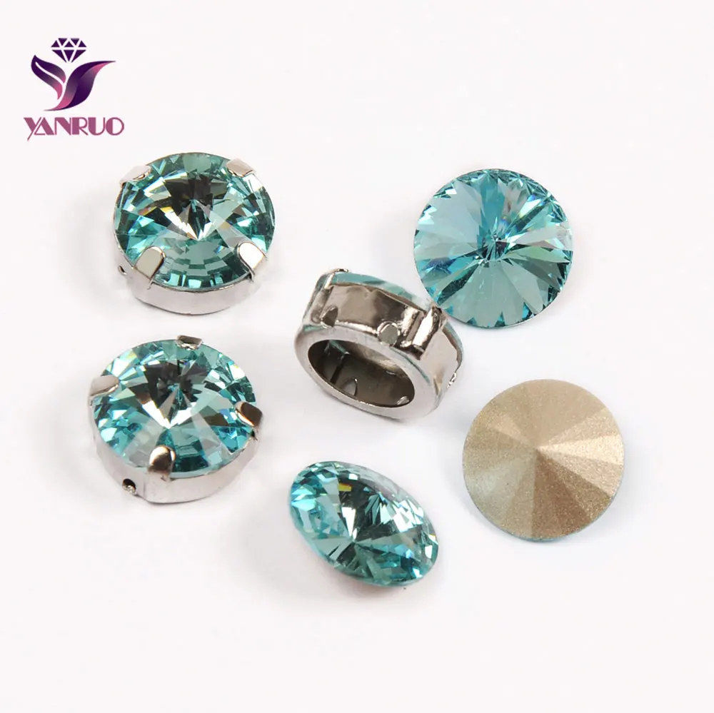 YANRUO 1122 All Sizes Aquamarine Rivoli DIY Glass Stones Strass Crystal Point Back Sew On Rhinestones For Needlework